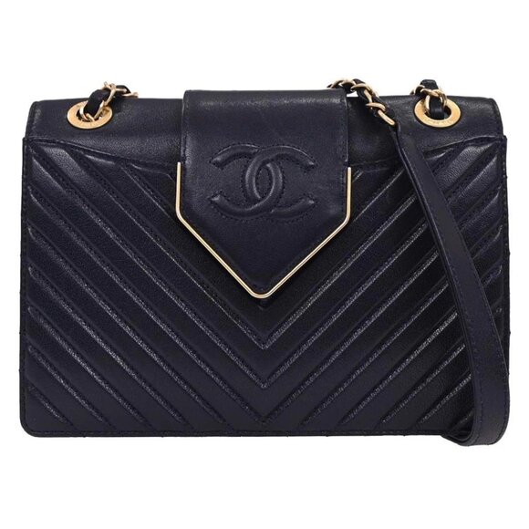 Chanel Navy Calfskin Chevron Shoulder Bag - Picture 1 of 10